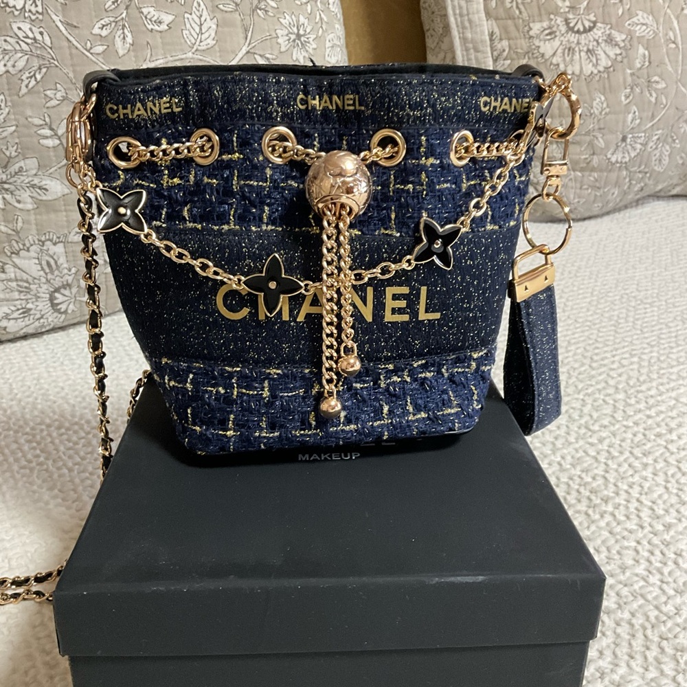 Chanel GWP Dark Blue and Gold Shoulder Makeup Bag